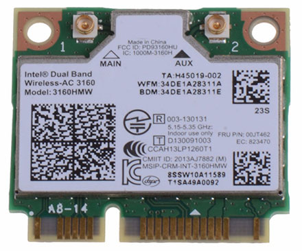 Wireless LAN / Bluetooth Mini-PCI Express [Intel Dual Band Wireless-AC 3160 Combo] (FRU 00JT462)