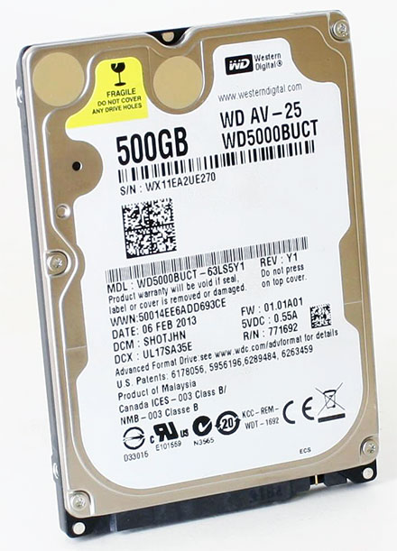 Western Digital WD AV-25 500GB (WD5000BUCT) 2.5" SATA (<b>RECERTIFIED, 1 yr. warranty</b>)